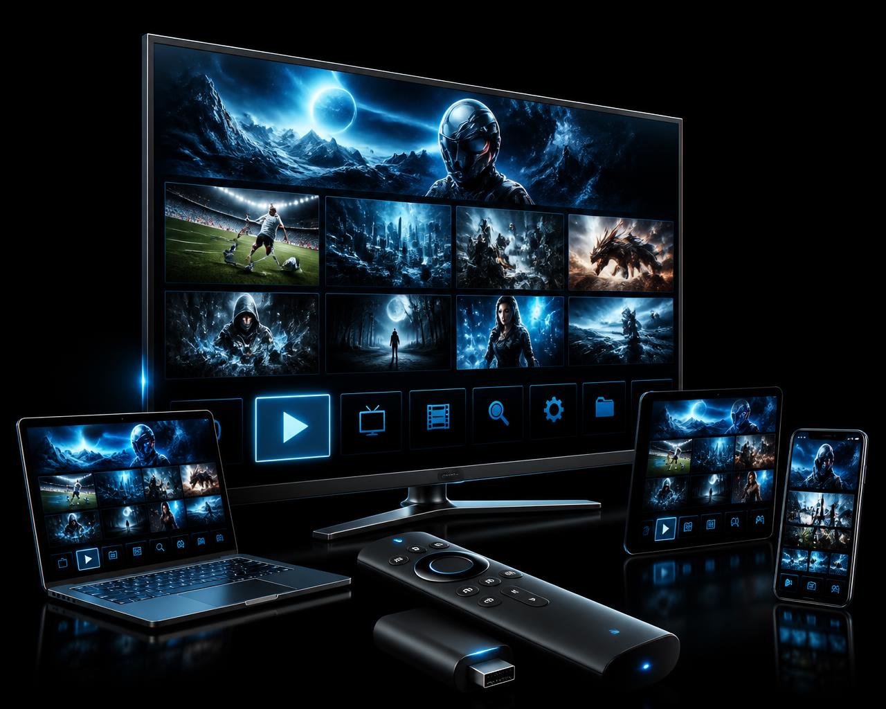 Alpha IPTV streaming on a TV, laptop, tablet and phone