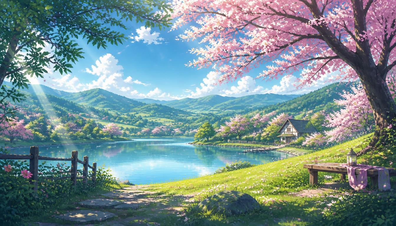 Peaceful green hills, a calm lake and cherry blossoms