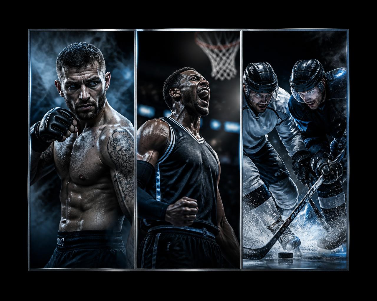 MMA, basketball and hockey action panels