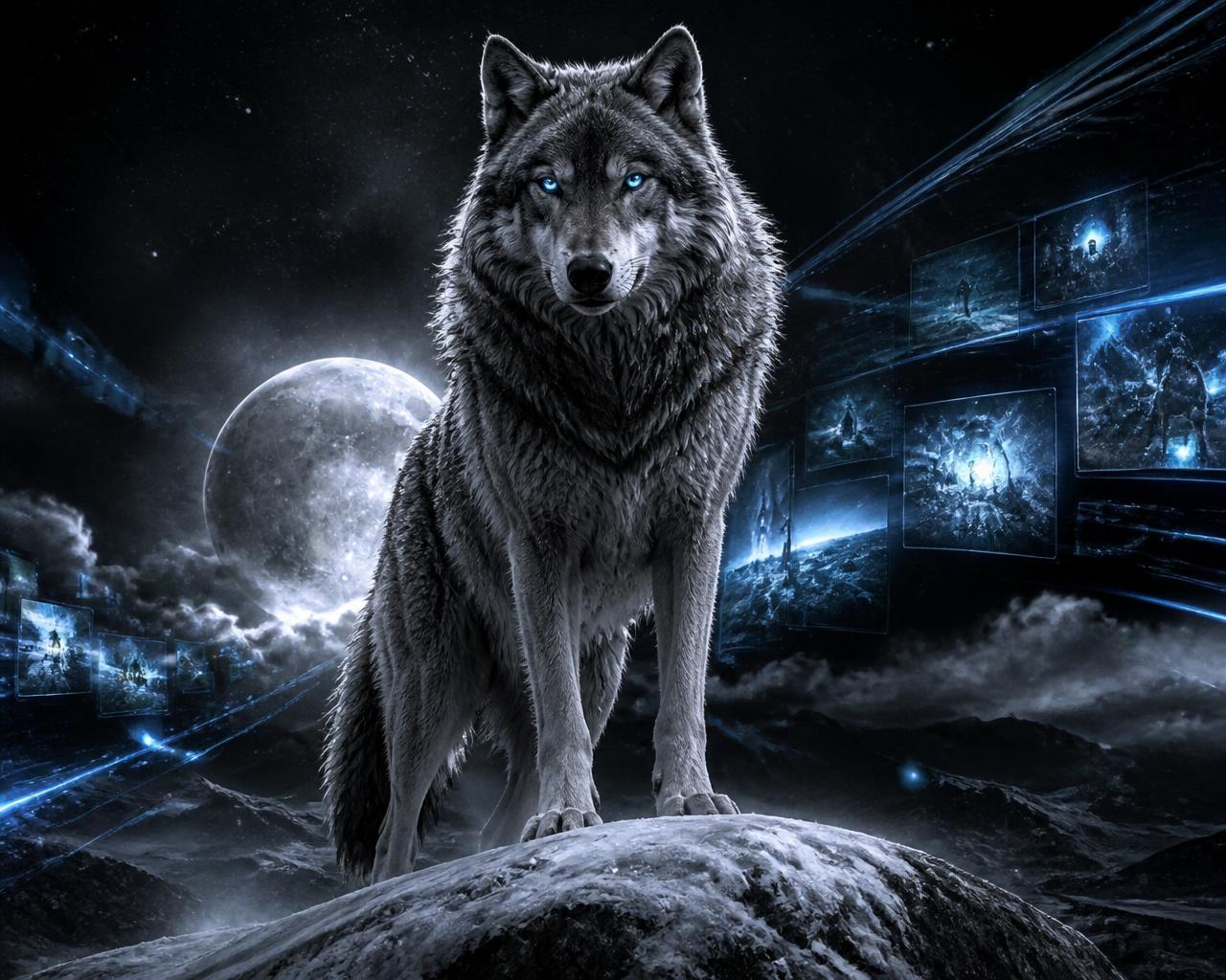 Alpha wolf standing above glowing streaming screens