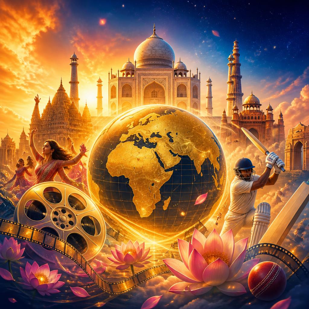 Anime artwork of Indian landmarks and a golden globe at sunrise